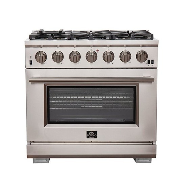 FORNO FFSGS626036 Capriasca Full Gas 36" Inch. Freestanding Range with 6 Sealed Burners Cooktop 120,000 BTU - 5.36 Cu.Ft. Gas Convection Oven, Stainless Steel, Cast Iron Grates